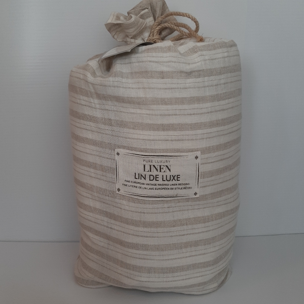 LinDeLuxe King Duvet Cover Set European Linen Vintage Washed Striped beige
